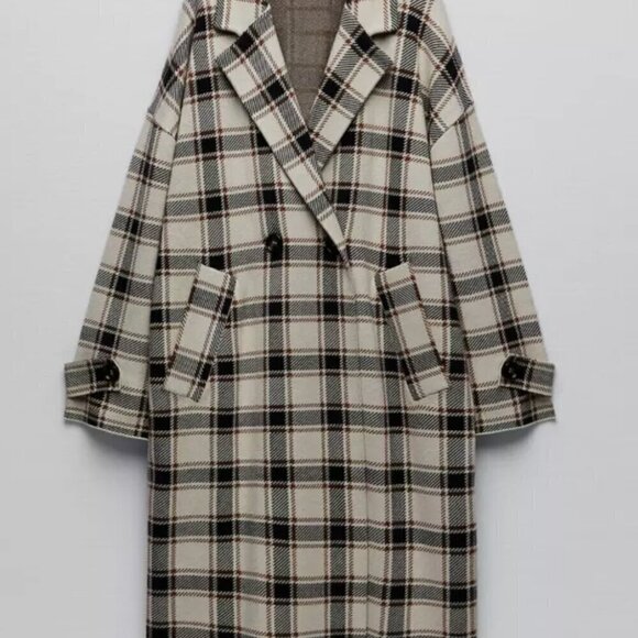 ZARA WOMEN PLAID KNIT COAT OVERSIZED CHECK DOUBLE BREASTED 6873/159 ECRU M NWT - Picture 6 of 9